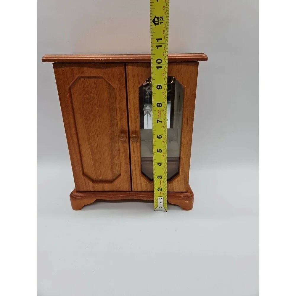 Vtg Wood Jewelry Box Armoire Chest Etched Floral Glass Door Light Oak 11